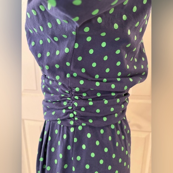 J Peterman Dress Sz 10 Faux Wrap Zip Back Ruching Blue Polka Dots V Neck Party - Picture 5 of 8